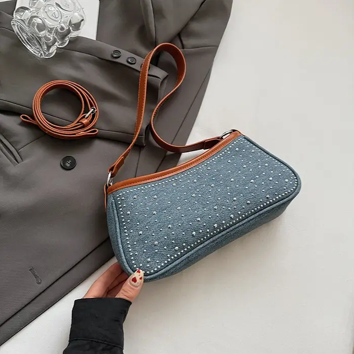 Sac à bandoulière Vintage en Denim pour femmes, sac à bandoulière clouté en diamant, sac de shopping