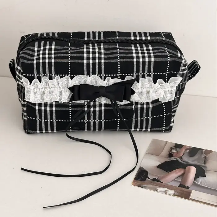 Sacs à cosmétiques en toile avec nœud en dentelle pour femmes, pochette Portable pour dames, étui de
