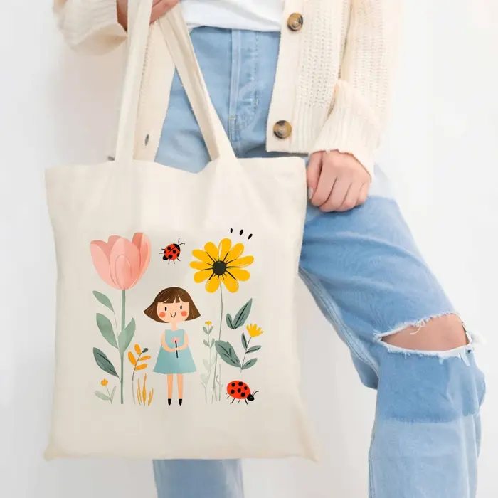 Sac fourre-tout en toile crème avec imprimés fille