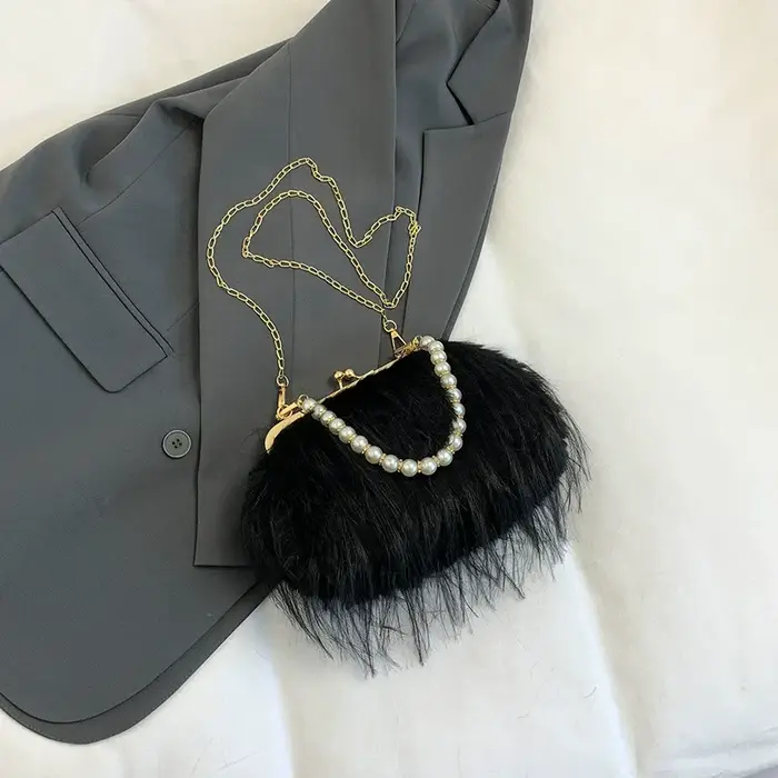 Sac à bandoulière en fourrure avec poignée en perles, sacs à bandoulière en peluche avec chaîne pour