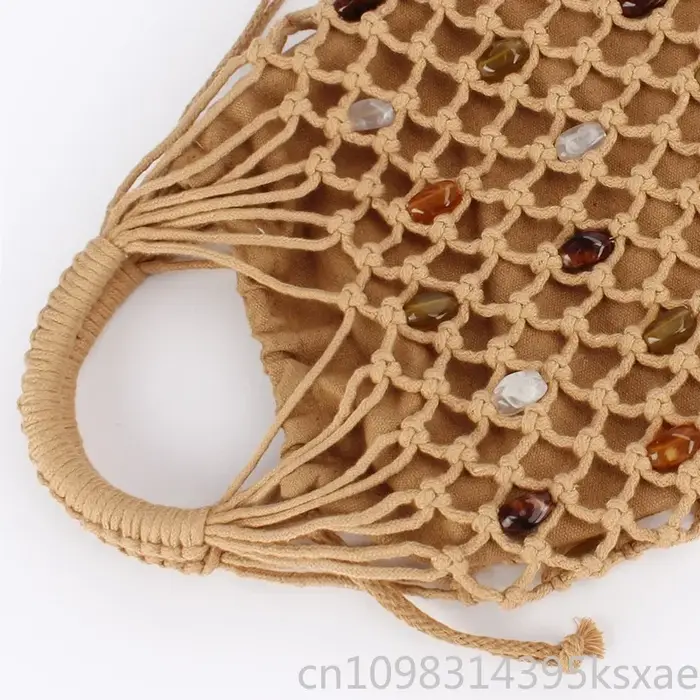 Sac fourre-tout tressé fait main pour femme avec franges à pampilles et détails perlés