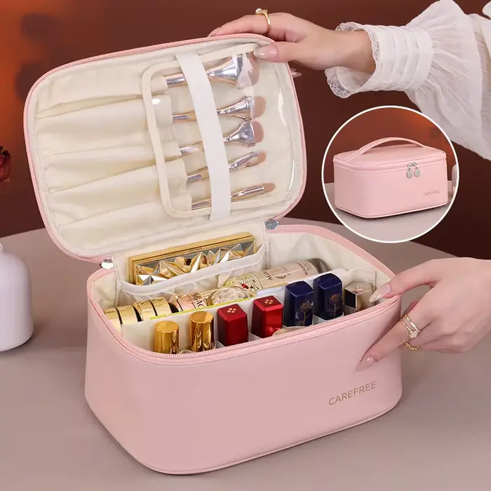 Trousse de maquillage de luxe en PU pour femme – Organisateur de cosmétiques de voyage avec fermeture à glissière