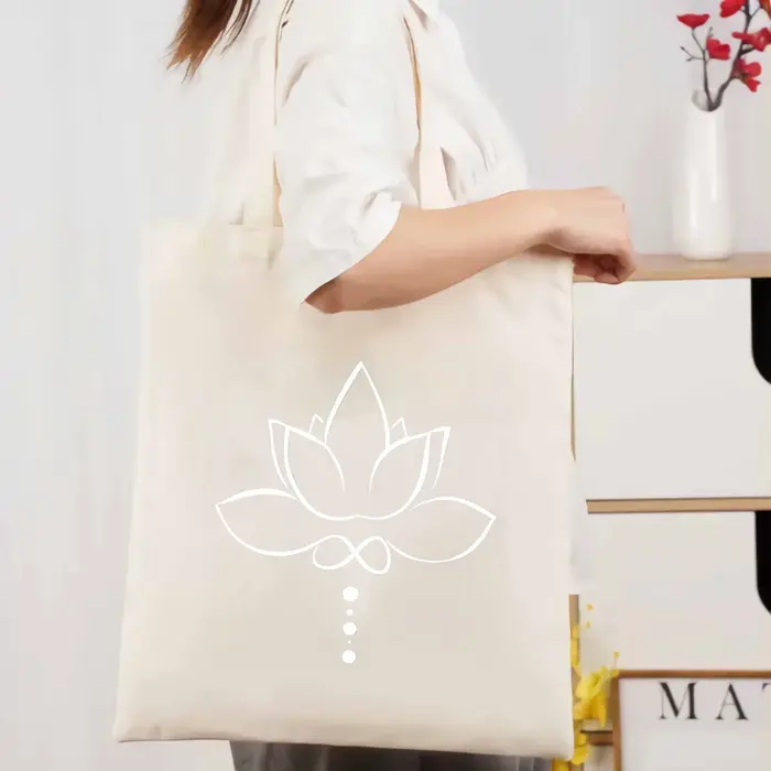 Sac fourre-tout en toile imprimé lotus naturel pour un usage quotidien et un shopping