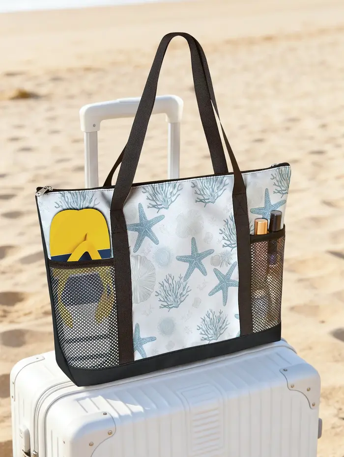Grand sac de plage à imprimé corail et étoile de mer
