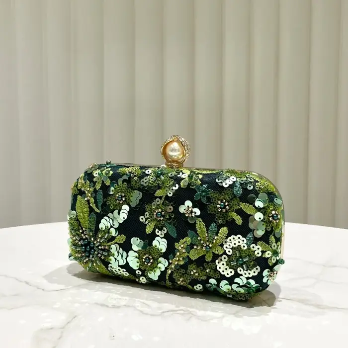 Pochette vert olive pour femme, élégante, brodée de paillettes et de perles, sac de soirée, sac de fête, sac à main vintage à paillettes