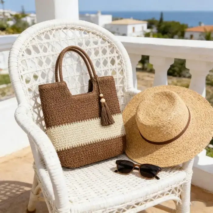 Sac fourre-tout tissé à la main en paille avec pompons