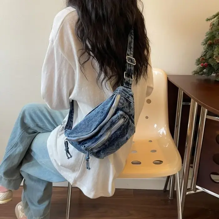Sac banane vintage en jean délavé pour femme