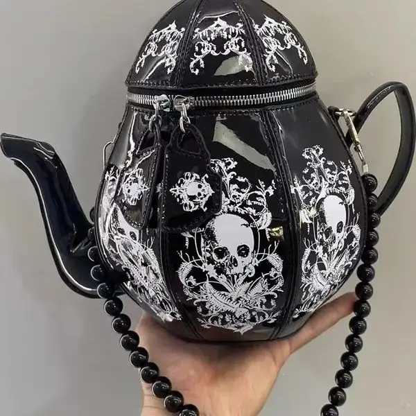 Vintage gothique noir crâne théière forme sac à main femmes perle chaîne Lolita sacs à bandoulière dames Harajuku