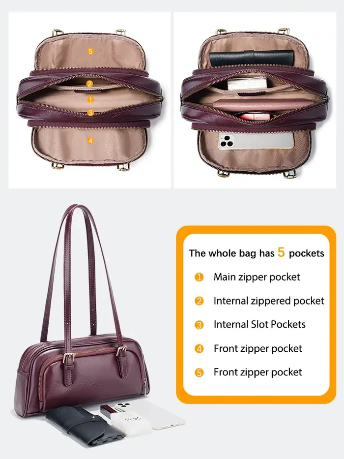 Sac à main de luxe Zency en cuir véritable de couleur bordeaux pour femmes, style français, sac sous