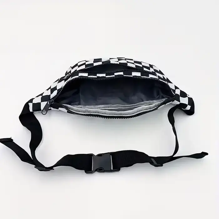 Sac de taille à carreaux noir et blanc pour femme avec poche poitrine à double fermeture éclair
