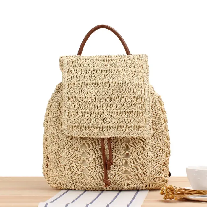 Sac à dos en paille pour femmes, tissé à la main, décontracté, plage, vacances, sacs seau, sacs à do