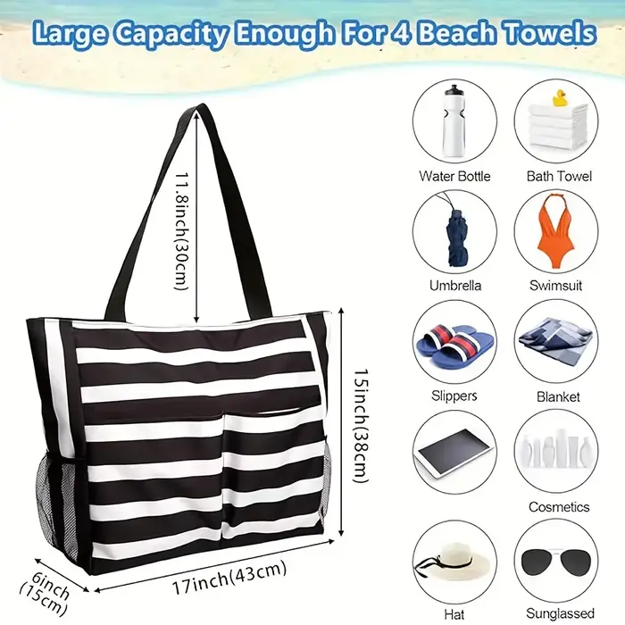Grand sac de plage imperméable pour femmes avec fermeture à glissière
