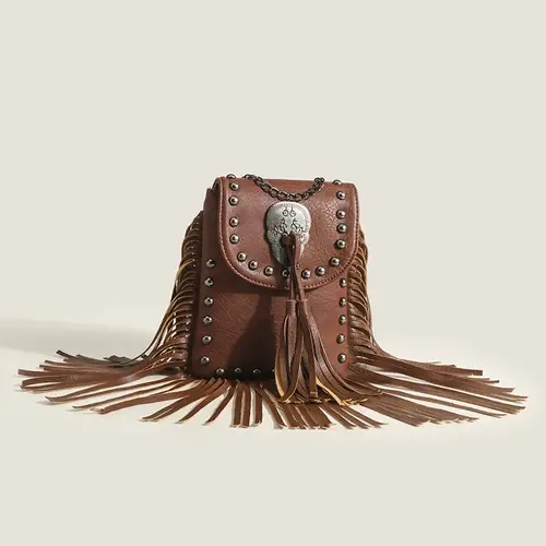 Boho marron Rivet frange petit sac pour femmes sacs à main Hippie gitane bohème gland
