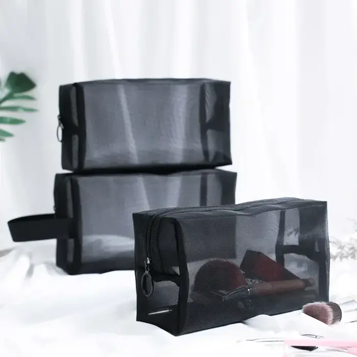 Trousse de maquillage en maille noire pour femme