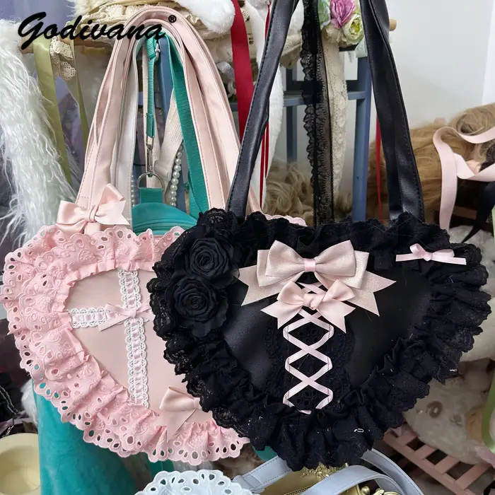 Lolita fait à la main amour coeur dentelle fleur mignon sac à bandoulière douce fille étudiants arc fourre-tout sacs