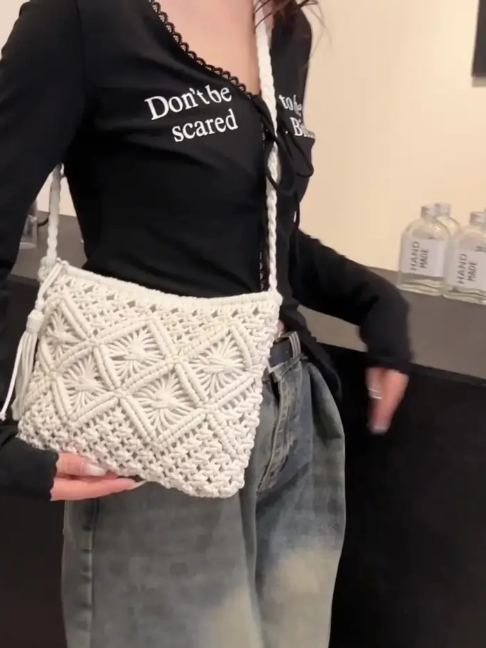 Sac à bandoulière tissé à la main pour femme de style bohème - Sac de plage d'été avec fermeture éclair