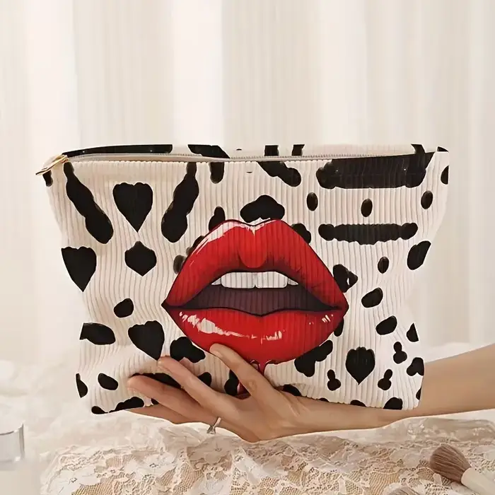 Pochette à maquillage en velours côtelé rouge – Organisateur de cosmétiques avec motifs cœur et baiser audacieux