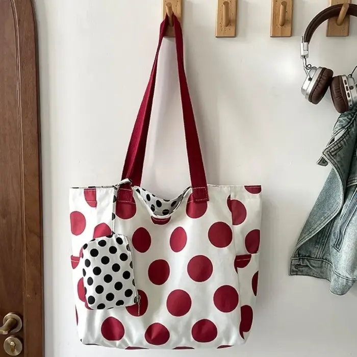 Sac fourre-tout double face en nylon à pois grande capacité avec fermeture éclair et lacets
