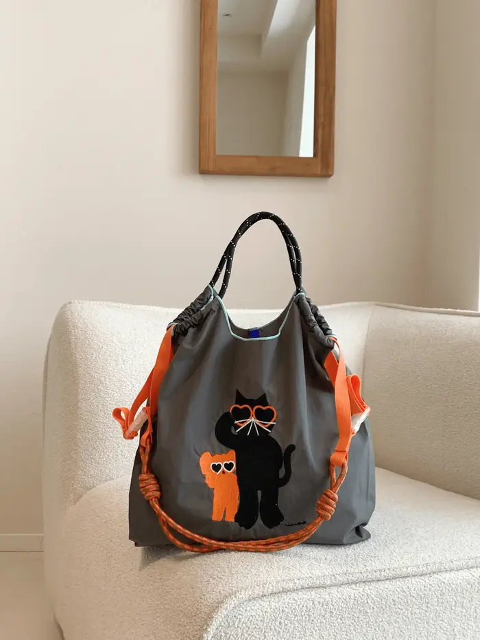 Sac de courses brodé de style japonais avec motif de chat à la mode