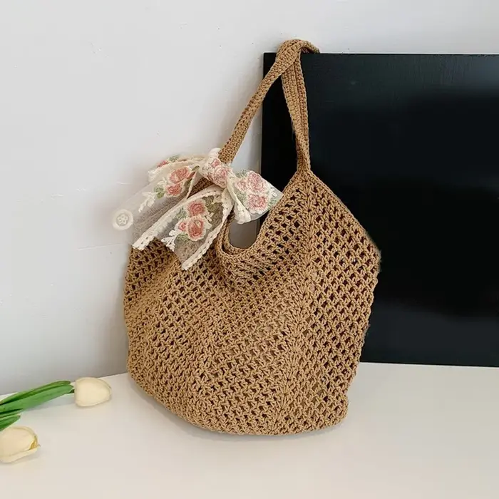 Sac fourre-tout d'été en dentelle avec nœud pour femme, sac à bandoulière en raphia tressé, grand sa
