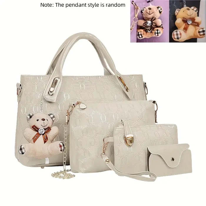 Ensemble de sacs à main 4 pièces pour femme en PU gaufré, comprenant sac fourre-tout, sac à bandouli