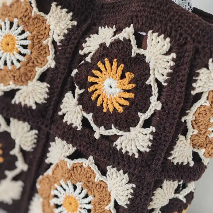 Fil fait à la main Crochet sac à bandoulière Vintage grand-mère carré fourre-tout rétro tricoté fleur motif sac grande capacité Boho décontracté femmes