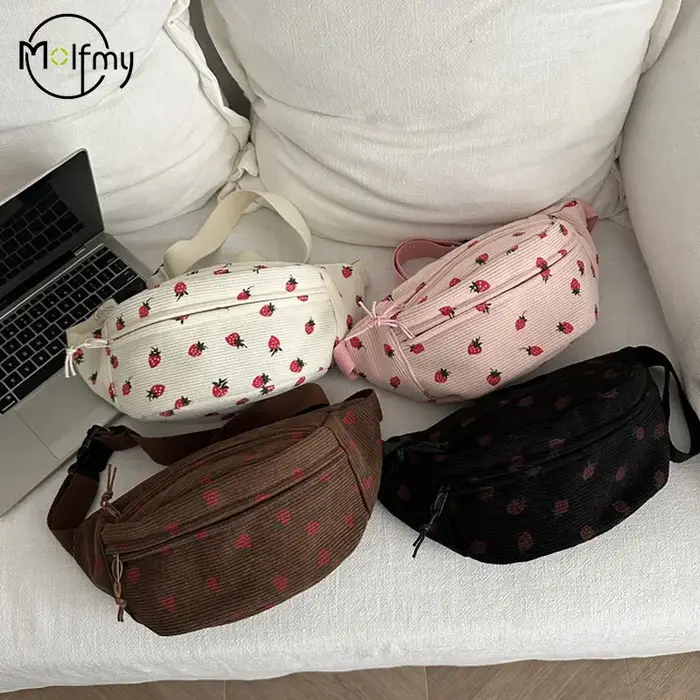 Sac de taille femmes hommes velours côtelé Fanny Pack fraises poche mode poitrine sac à main sport voyage sac