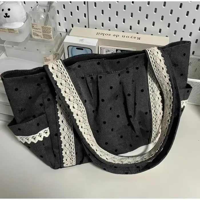 Sac fourre-tout en dentelle à pois grande capacité pour femme