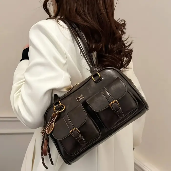 Sac à bandoulière fourre-tout multi-poches pour femmes avec matériel et lettre dorés