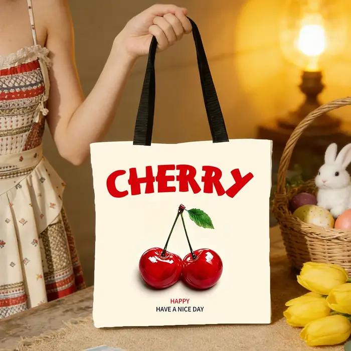 Sac fourre-tout en toile à imprimé cerises – Base crème minimaliste avec inscription « CHERRY » roug