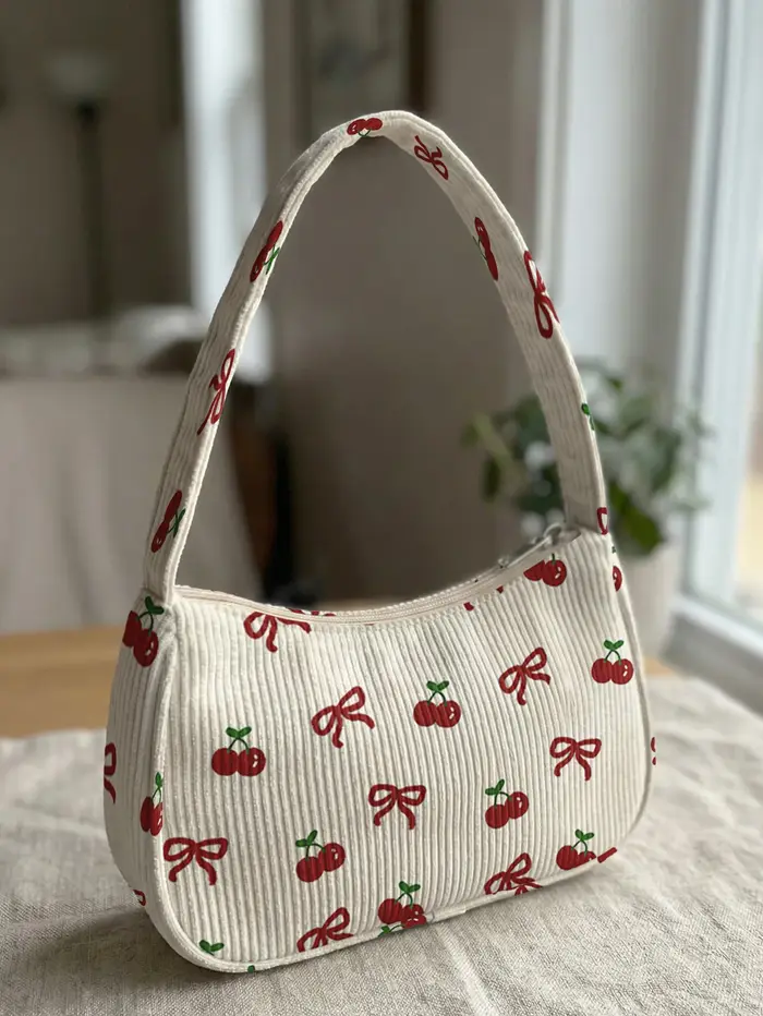 Sac à bandoulière tendance imprimé cerises et nœuds, sac sous le bras en velours côtelé beige pour u