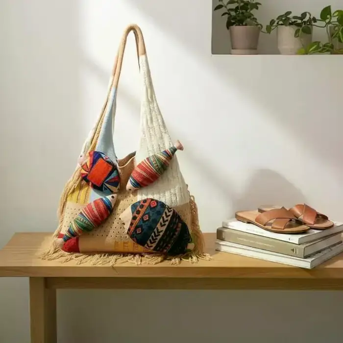 Sac fourre-tout tricoté bohème avec pendentif poisson mignon et motif ethnique