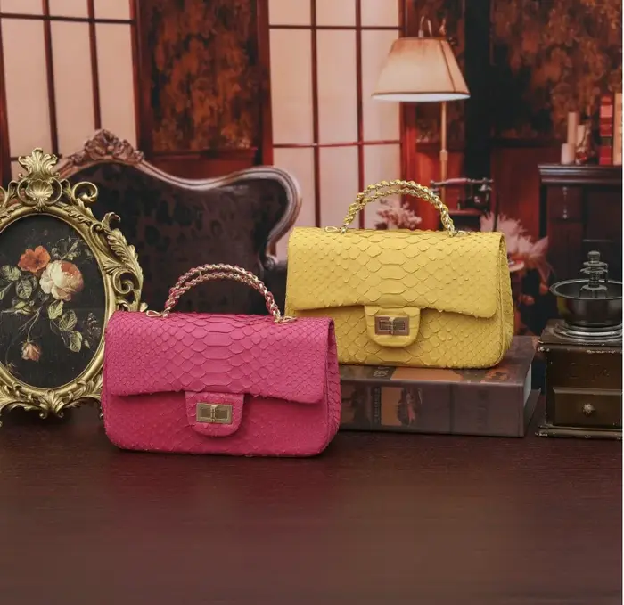 Sac à bandoulière en cuir de python véritable pour femmes, petite taille, couleur rose jaune, excell