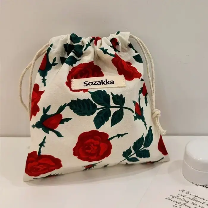 Sacs à cordon floraux en tissu de coton, pochette pour rouge à lèvres, organisateur de maquillage de
