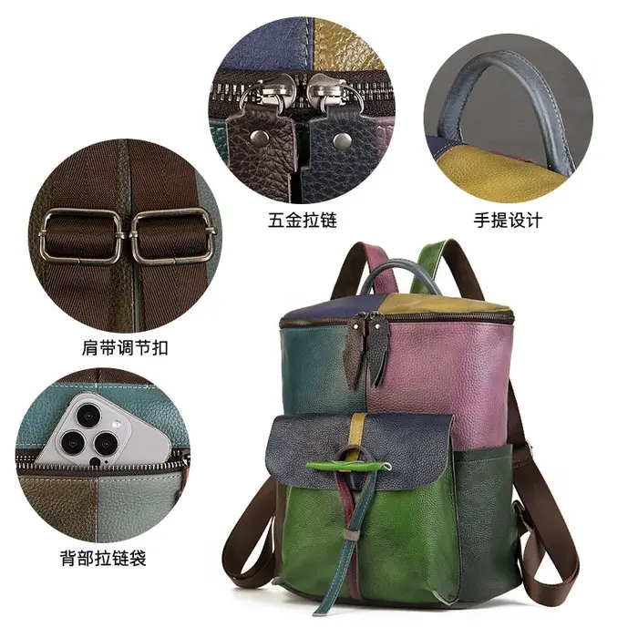 Sac à dos Patchwork en cuir véritable pour femme, sacs à bandoulière en cuir de vache véritable, fou