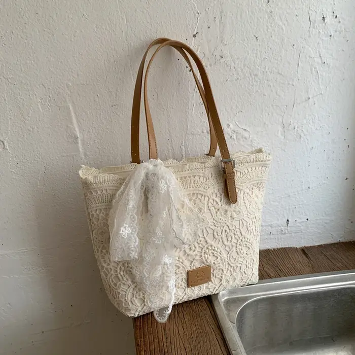 Sac fourre-tout en dentelle avec nœud pour femmes, nouveaux sacs à main Jacquard à fleurs de grande
