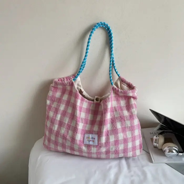 Nouveau sac fourre-tout à bandoulière à carreaux, rafraîchissant, grande capacité et ouverture supér