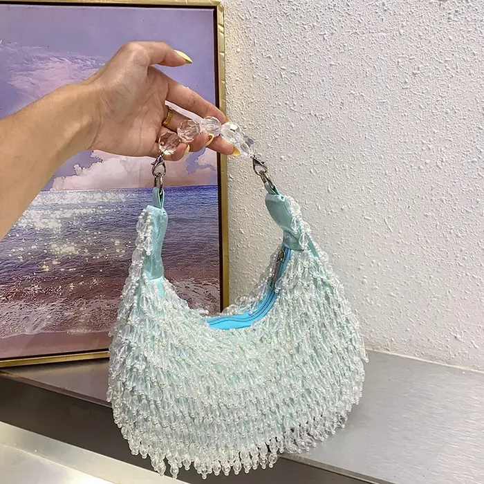 Été frais doux bleu clair à la main perlé frange Design élégant dame dîner sac Chic robe de soirée sac