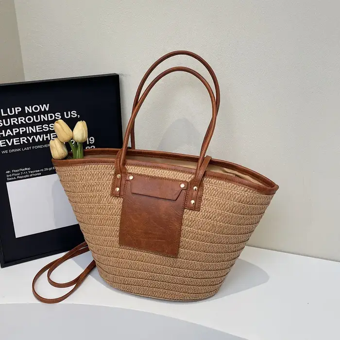Sac fourre-tout en paille tressée grande capacité style bohème