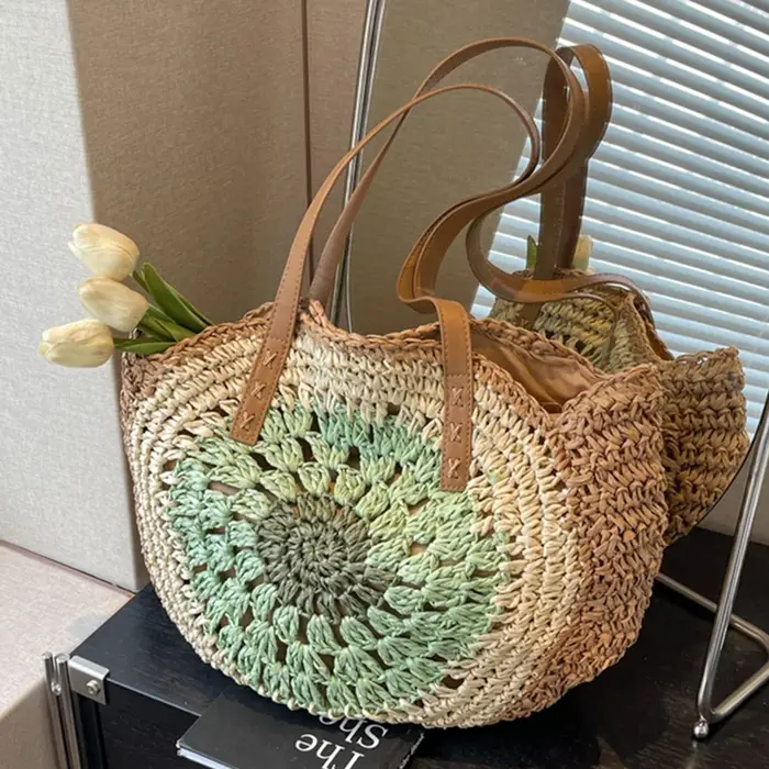 Sac à Main Rond en Paille pour Femme, Fourre-tout Décontracté avec Document de Collision, Idéal pour