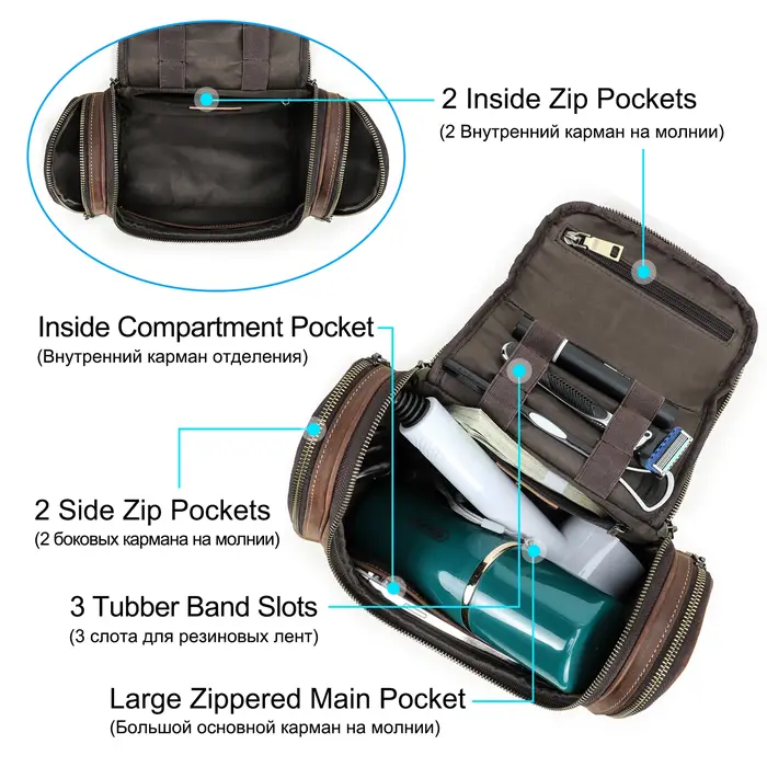 Hommes en cuir véritable voyage affaires toilette rasage sac femmes rétro cosmétique lavage douche organisateur sac à main grande capacité