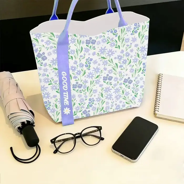 Sac en toile à fleurs violettes – Sac à bandoulière décontracté de grande capacité
