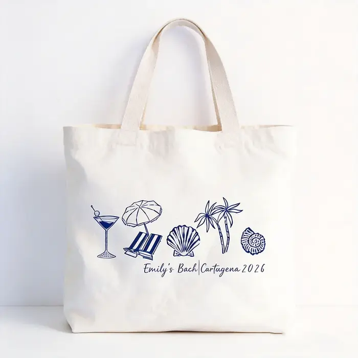 Sac fourre-tout personnalisé style doodle côtier, idéal pour le mariage de destination 'Last Toast o