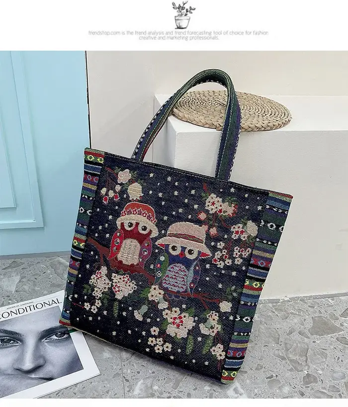 Nouveau sac à main hibou mode femme tissu brodé personnalisé Shopping grande capacité une épaule sac