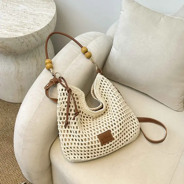 Sac fourre-tout en coton crocheté grande capacité, sac bandoulière à motif ajouré, sac de plage pour