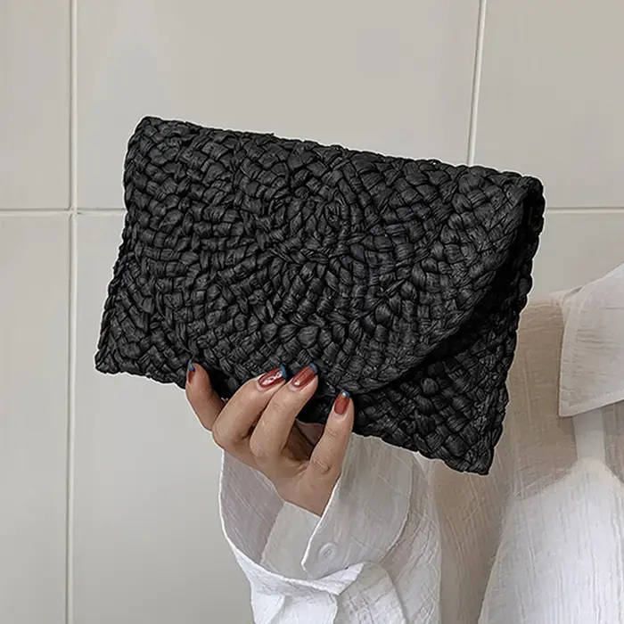 Femmes mode rabat enveloppe sacs été sac de plage portefeuille fait à la main paille tricoté sac