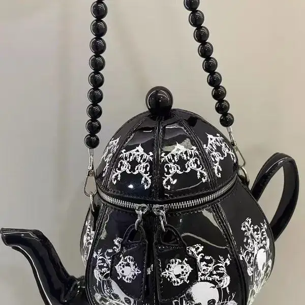Vintage gothique noir crâne théière forme sac à main femmes perle chaîne Lolita sacs à bandoulière dames Harajuku