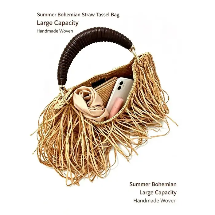 Sac fourre-tout bohème en paille à franges grande capacité