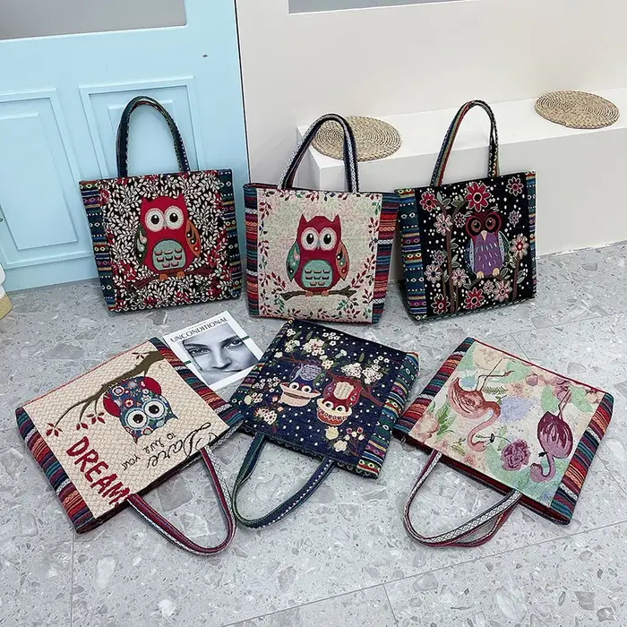 Nouveau sac à main hibou mode femme tissu brodé personnalisé Shopping grande capacité une épaule sac