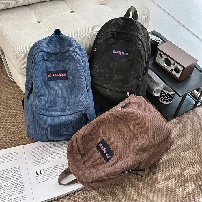 Nouveau Sac à Dos Vintage en Velours Côtelé Vert pour Garçons et Filles
